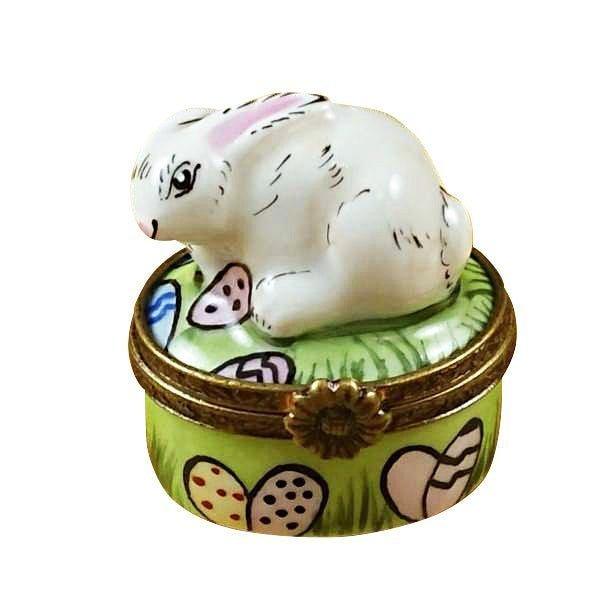 Mini Rabbit with Easter Eggs Limoges Porcelain Art Object, a hand-painted Limoges porcelain gift