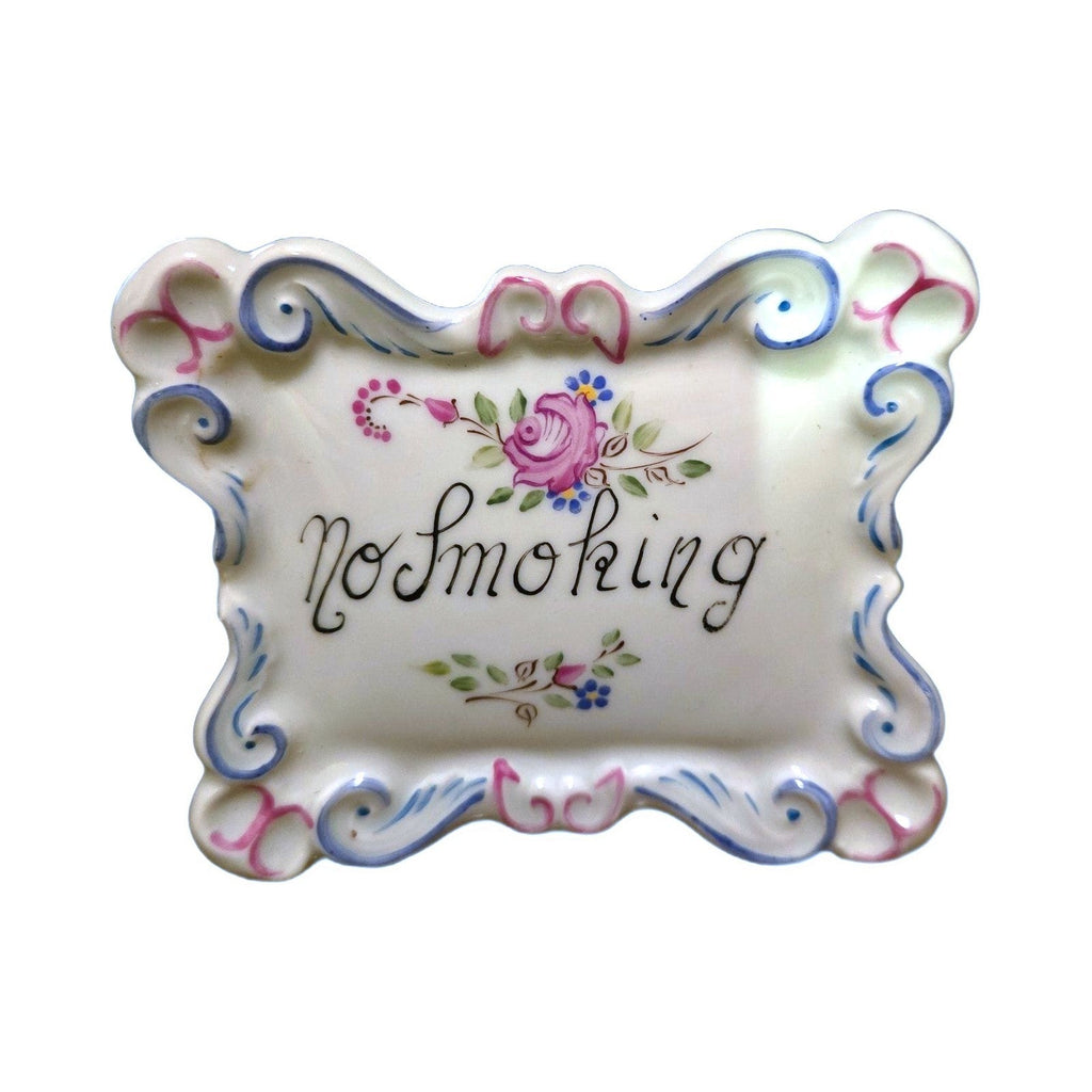 Hand-painted No Smoking Limoges porcelain plaque with pink rose and blue scroll border