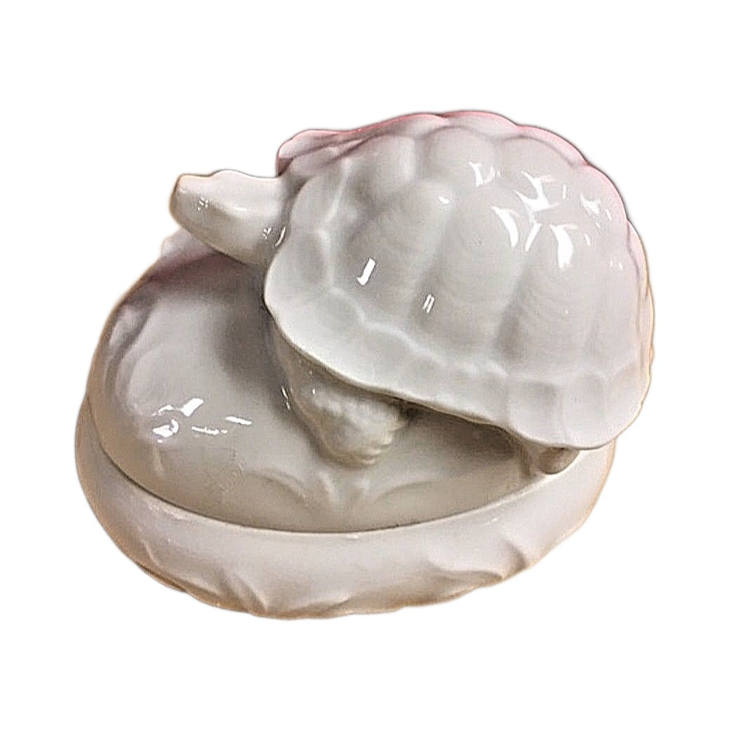White Tortoise Limoges Box No Hinge - white Limoges porcelain box with no hinge, made in France
