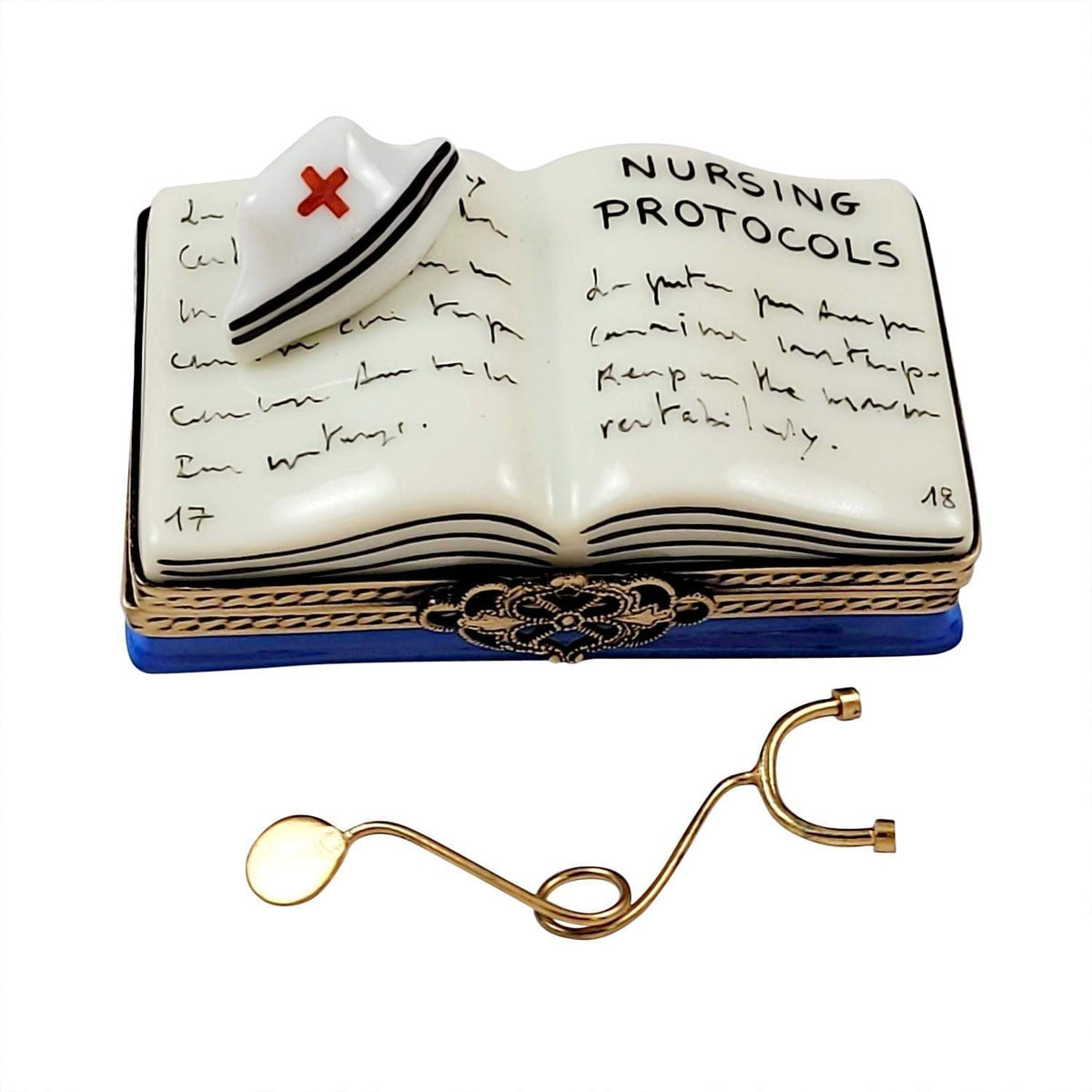 Nursing Book Stethoscope Limoges Box Gift for Nurses, a hand-painted Limoges porcelain gift