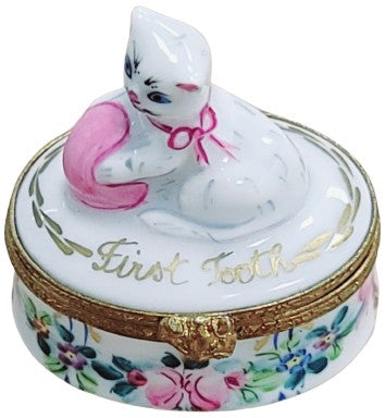 Hand-painted First Tooth Baby Cat Limoges box, French artistry for lovers of fine art