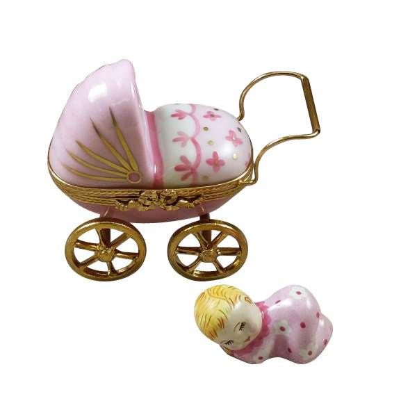 Pink Baby Carriage Limoges Box, a hand-painted Limoges porcelain gift
