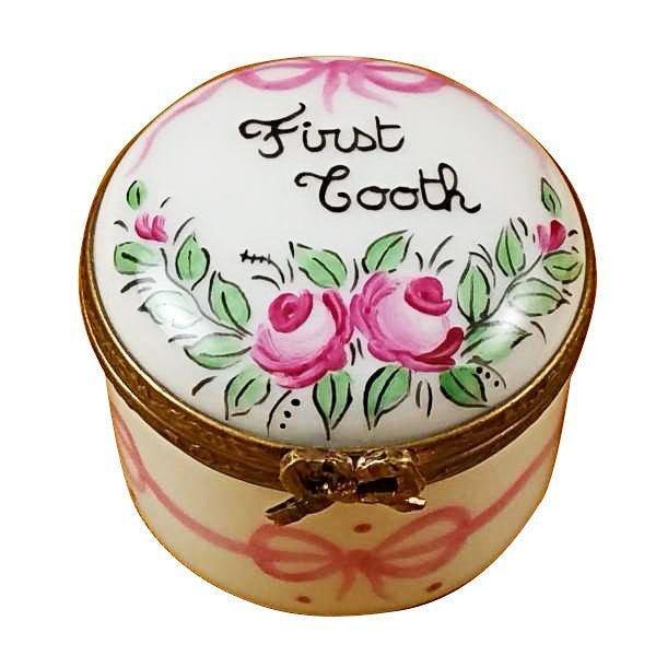 Pink First Tooth Limoges Box Keepsake for Children, a hand-painted Limoges porcelain gift