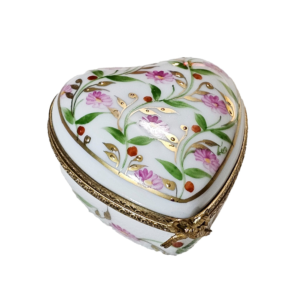 White Heart w Pink Flowers Limoges Box, a hand-painted Limoges porcelain gift