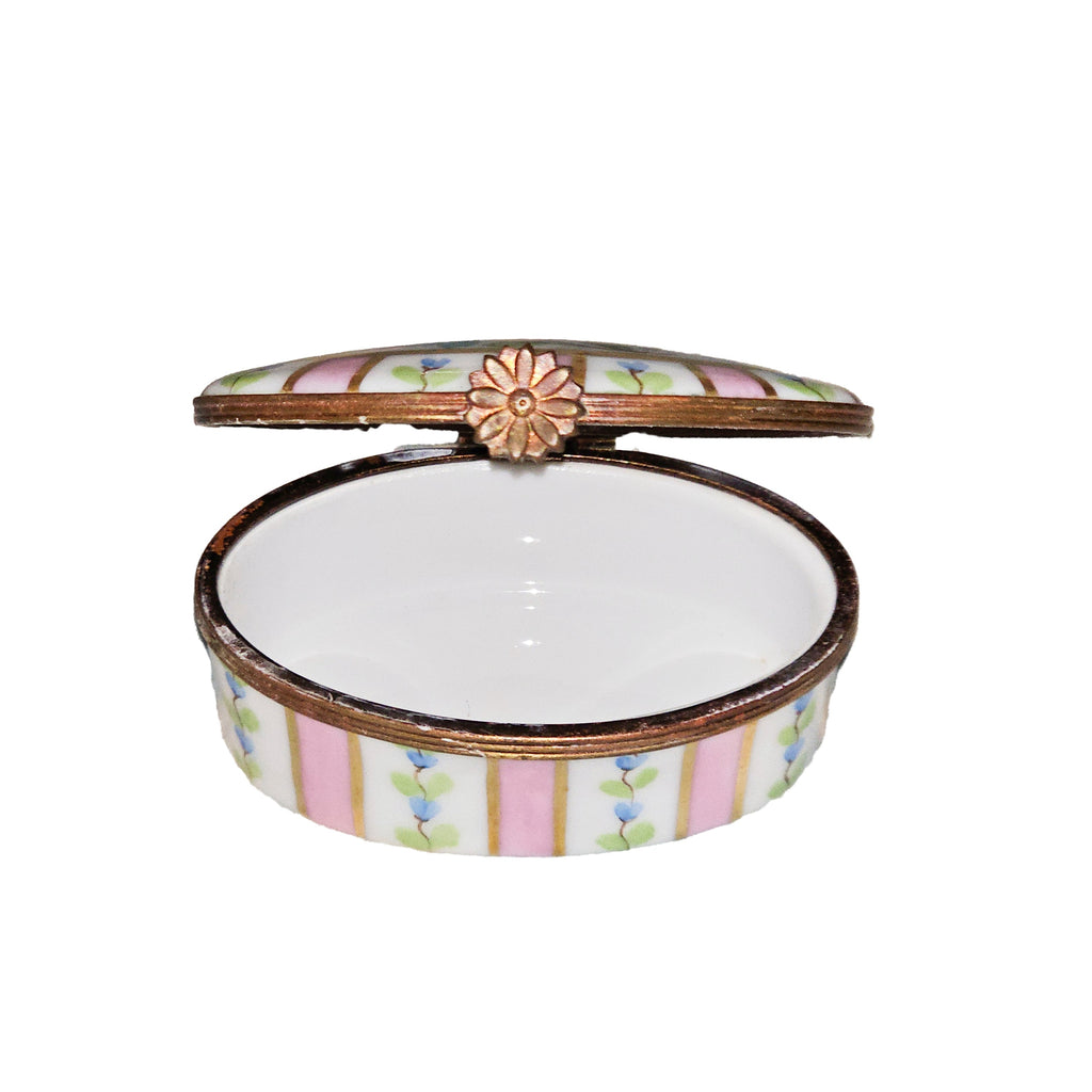 Pink Oval Stripes w Flowers Limoges Box for Home Decor, view 2
