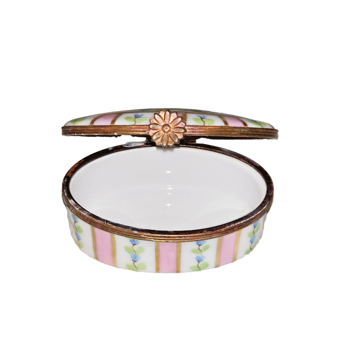 Pink Oval Stripes w Flowers Limoges Box for Home Decor, view 2