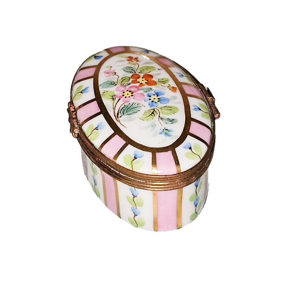 Pink Oval Stripes w Flowers Limoges Box for Home Decor, view 3