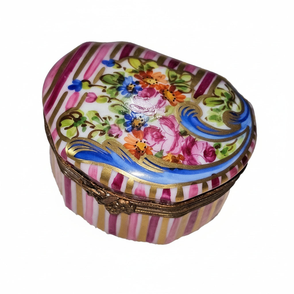 Pink Striped Shaped with Flowers Limoges Box GR, a hand-painted Limoges porcelain gift