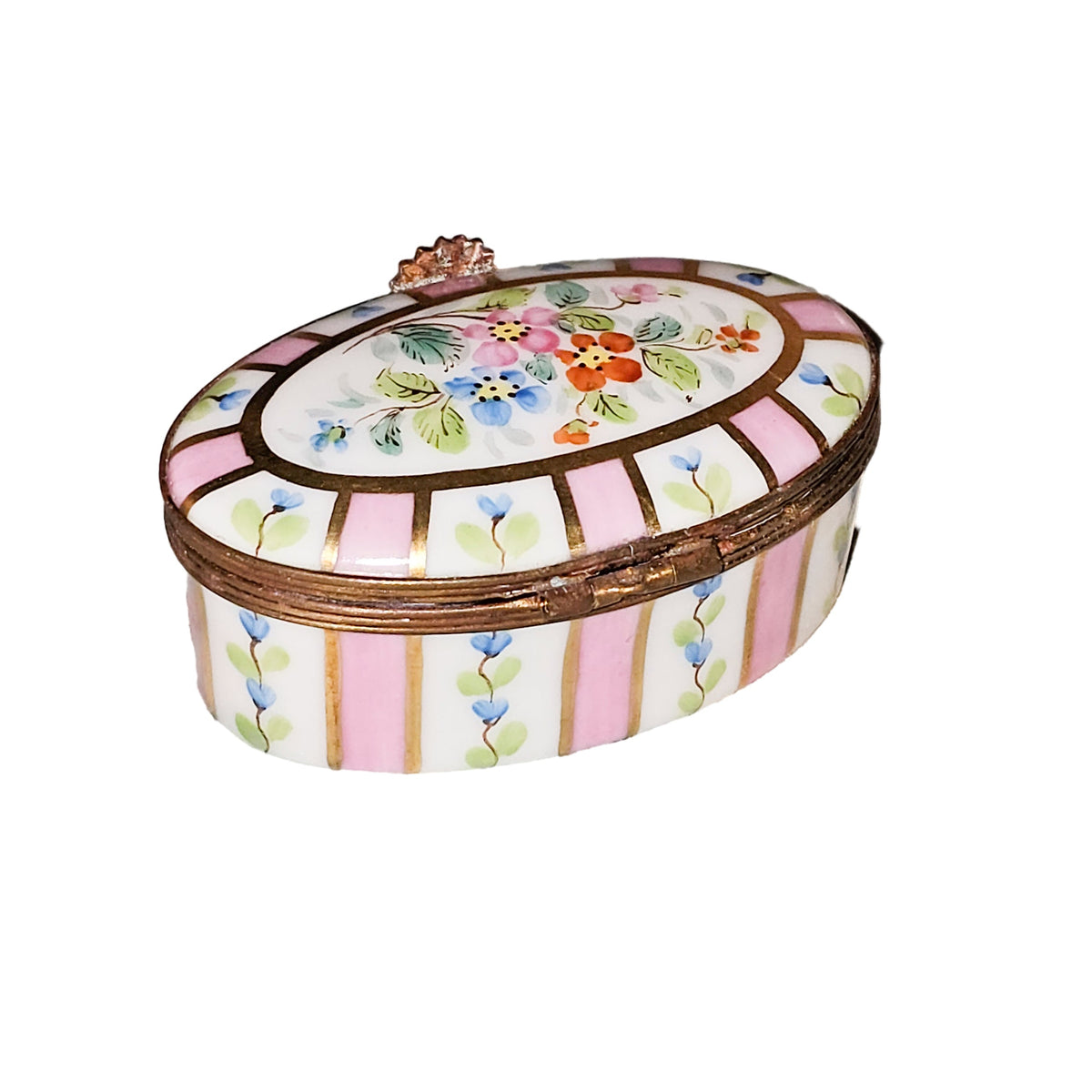 Pink Oval Stripes w Flowers Limoges Box for Home Decor, view 4