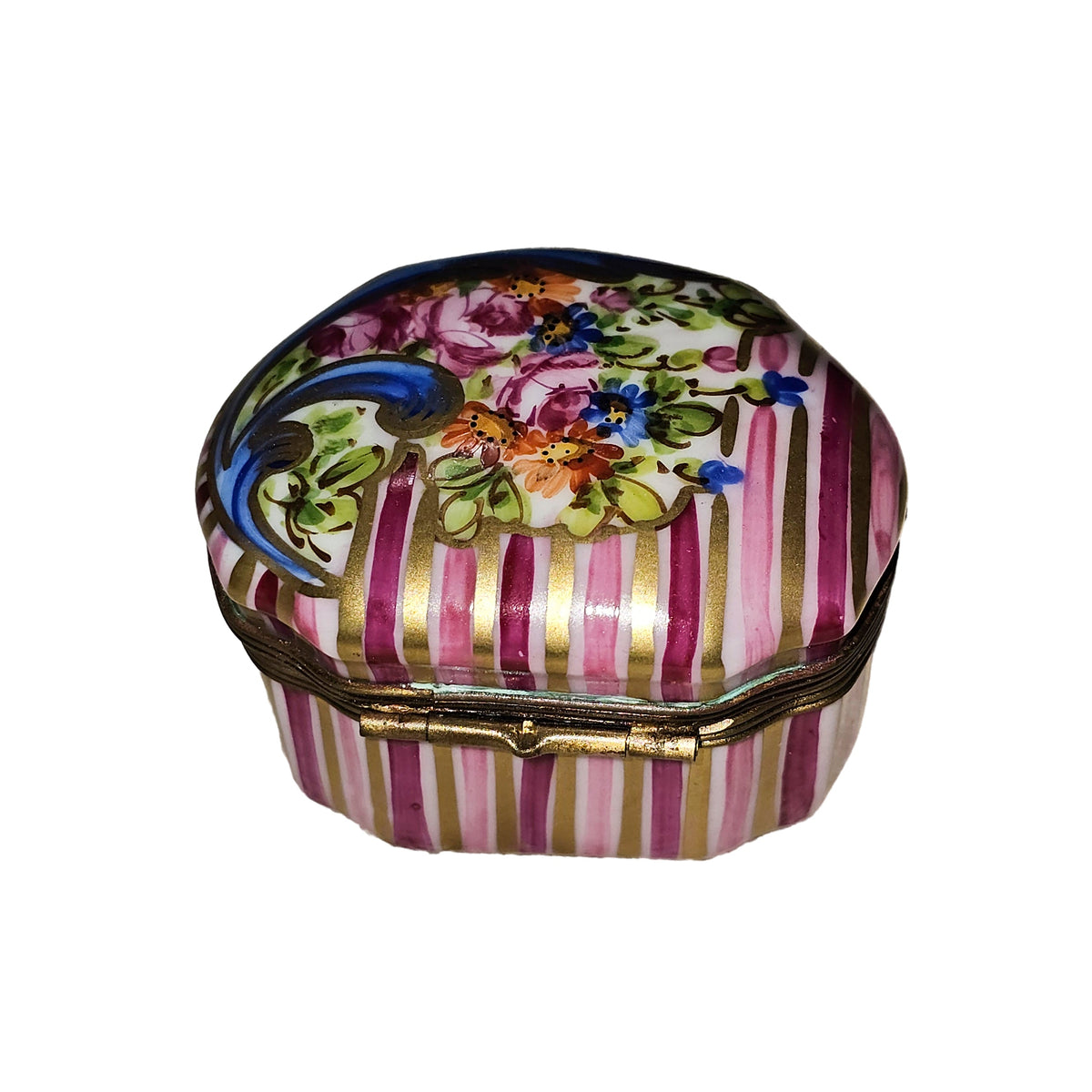 Pink Striped Shaped with Flowers Limoges Box GR, view 5