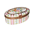 Pink Oval Stripes w Flowers Limoges Box for Home Decor, a hand-painted Limoges porcelain gift