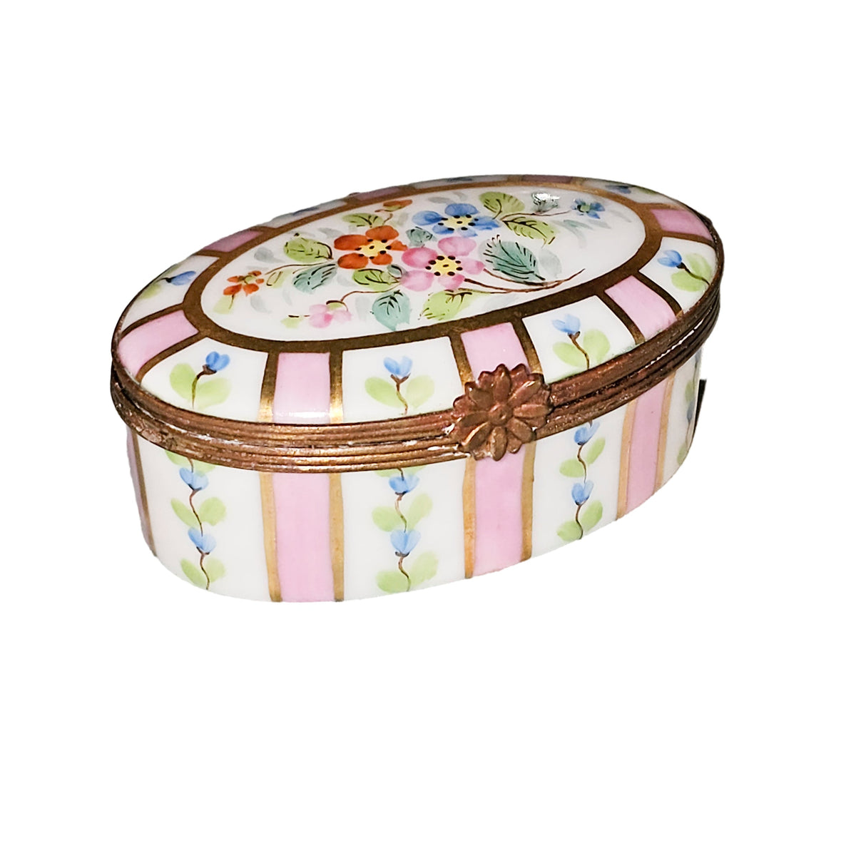 Pink Oval Stripes w Flowers Limoges Box for Home Decor, a hand-painted Limoges porcelain gift
