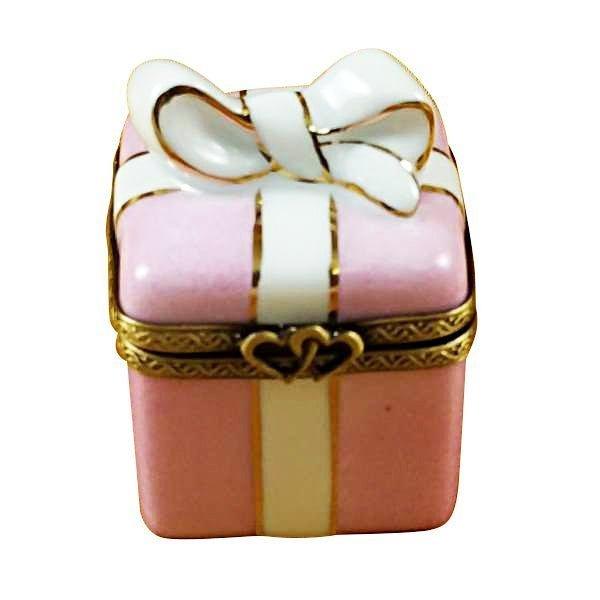Pink Gift Wrapped Gold Ribbon Limoges Box for Collectors, a hand-painted Limoges porcelain gift