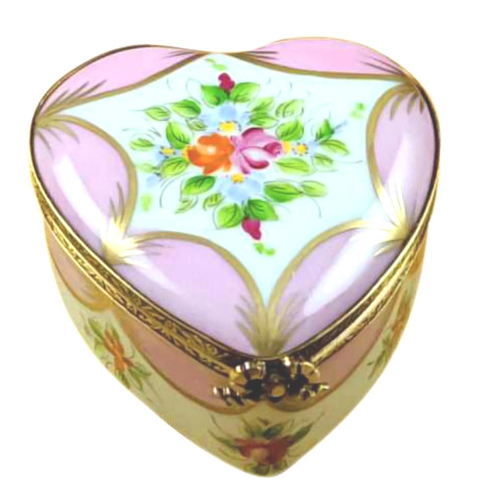 Pink Heart w Flowers Heart Jewel My Love Limoges Porcelain Art Object, a hand-painted Limoges porcelain gift