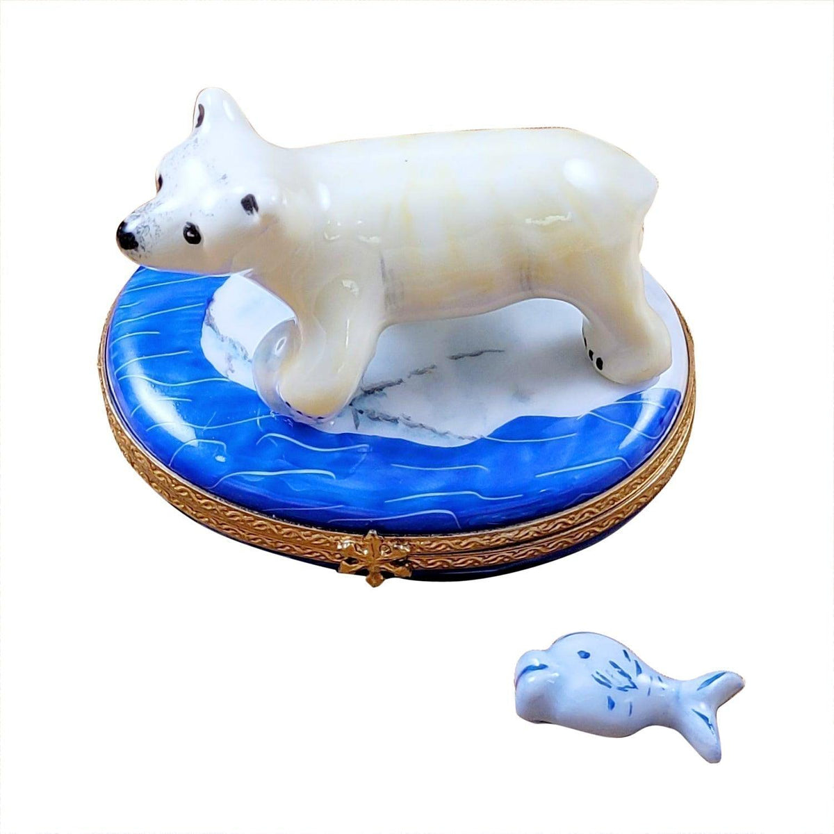 Polar Bear Fish Limoges Box for Collectors, HandPainted, a hand-painted Limoges porcelain gift