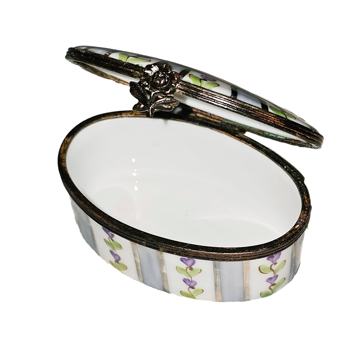 Oval Purple Stripes w Flowers Limoges Box, view 2