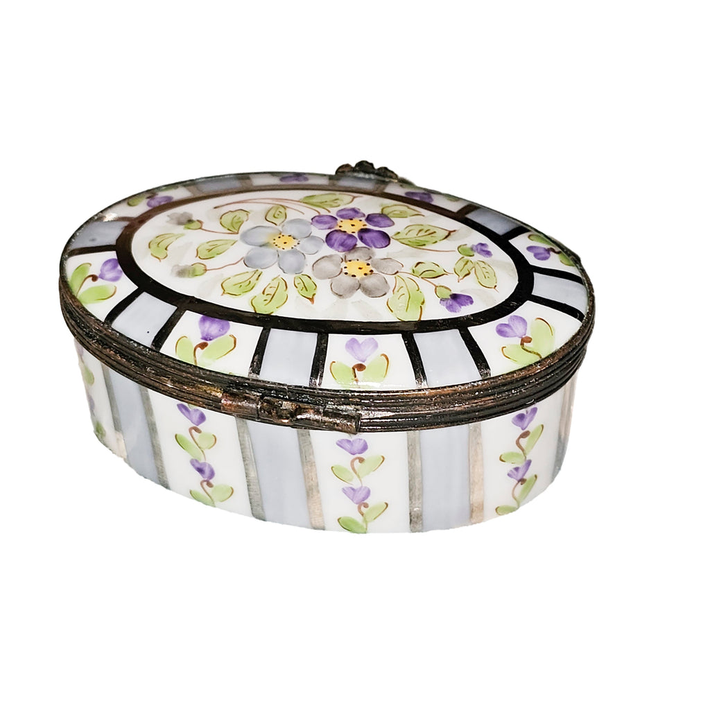 Oval Purple Stripes w Flowers Limoges Box, view 3
