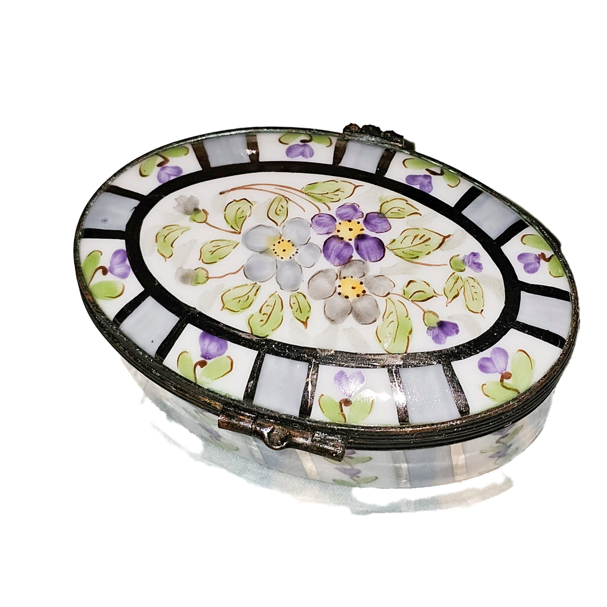 Oval Purple Stripes w Flowers Limoges Box, view 4