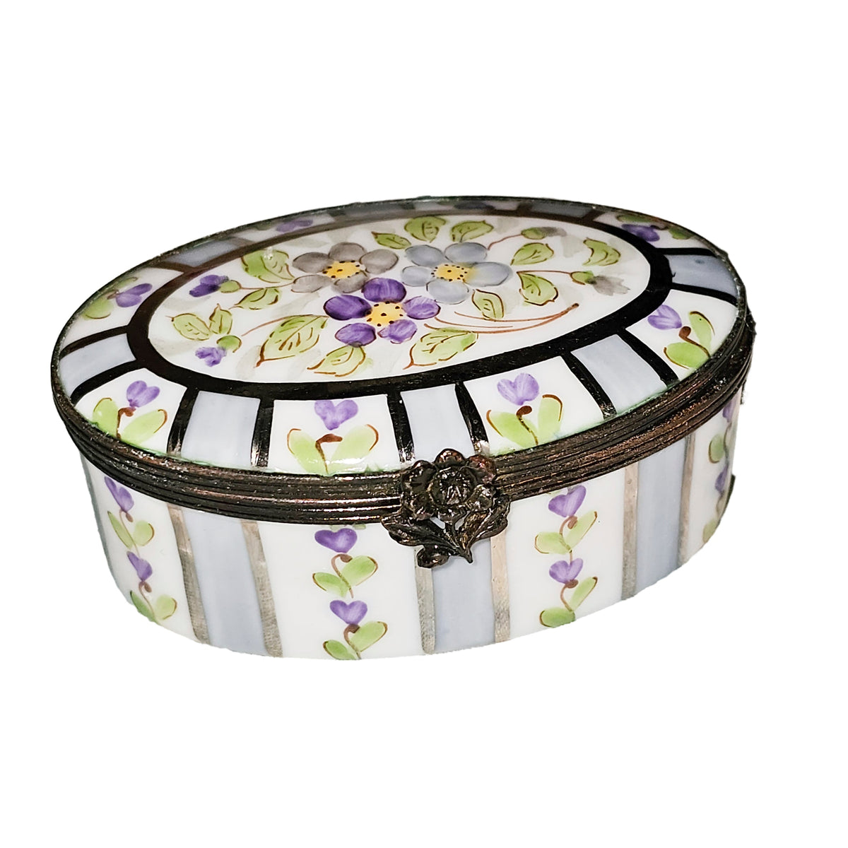 Oval Purple Stripes w Flowers Limoges Box, a hand-painted Limoges porcelain gift