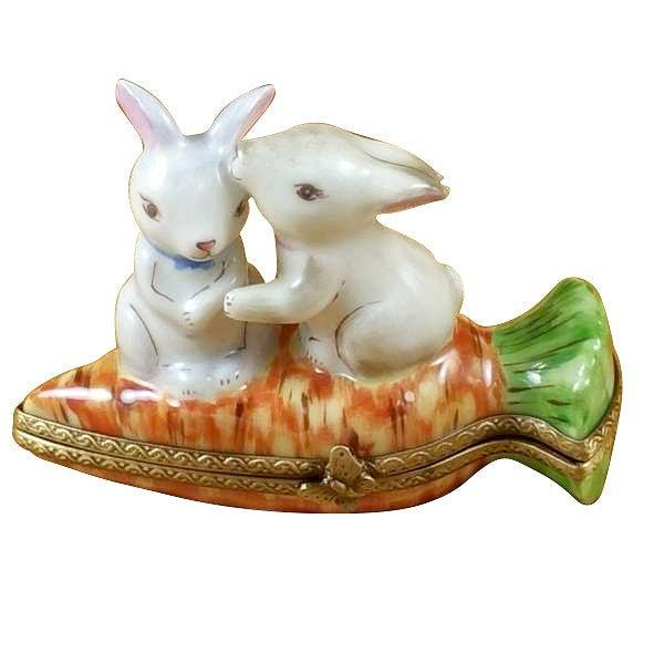 Rabbits Snuggling Carrot Limoges Box, a hand-painted Limoges porcelain gift