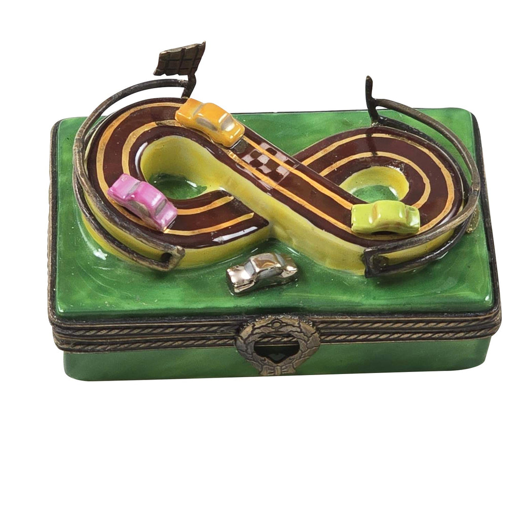 Race Cars on Race Track Limoges Box for Racing Fans, a hand-painted Limoges porcelain gift