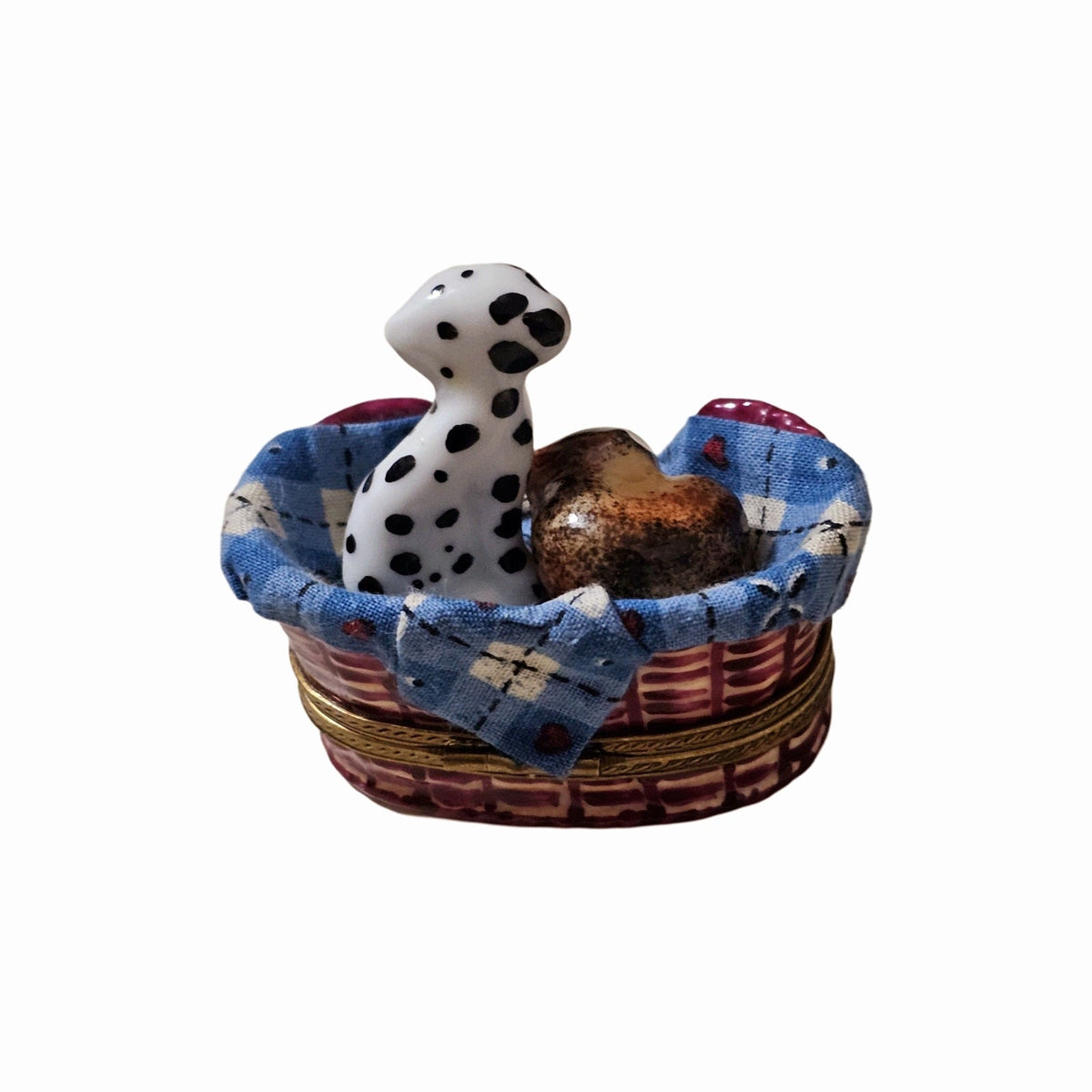A thoughtful gift for Francophiles: the Dalmatian Dog with Cat in Basket with Trinkets Limoges box
