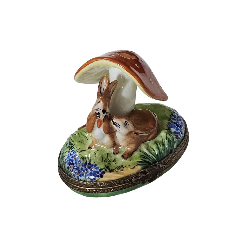 Rabbits Under Mushroom Limoges Box, a hand-painted Limoges porcelain gift