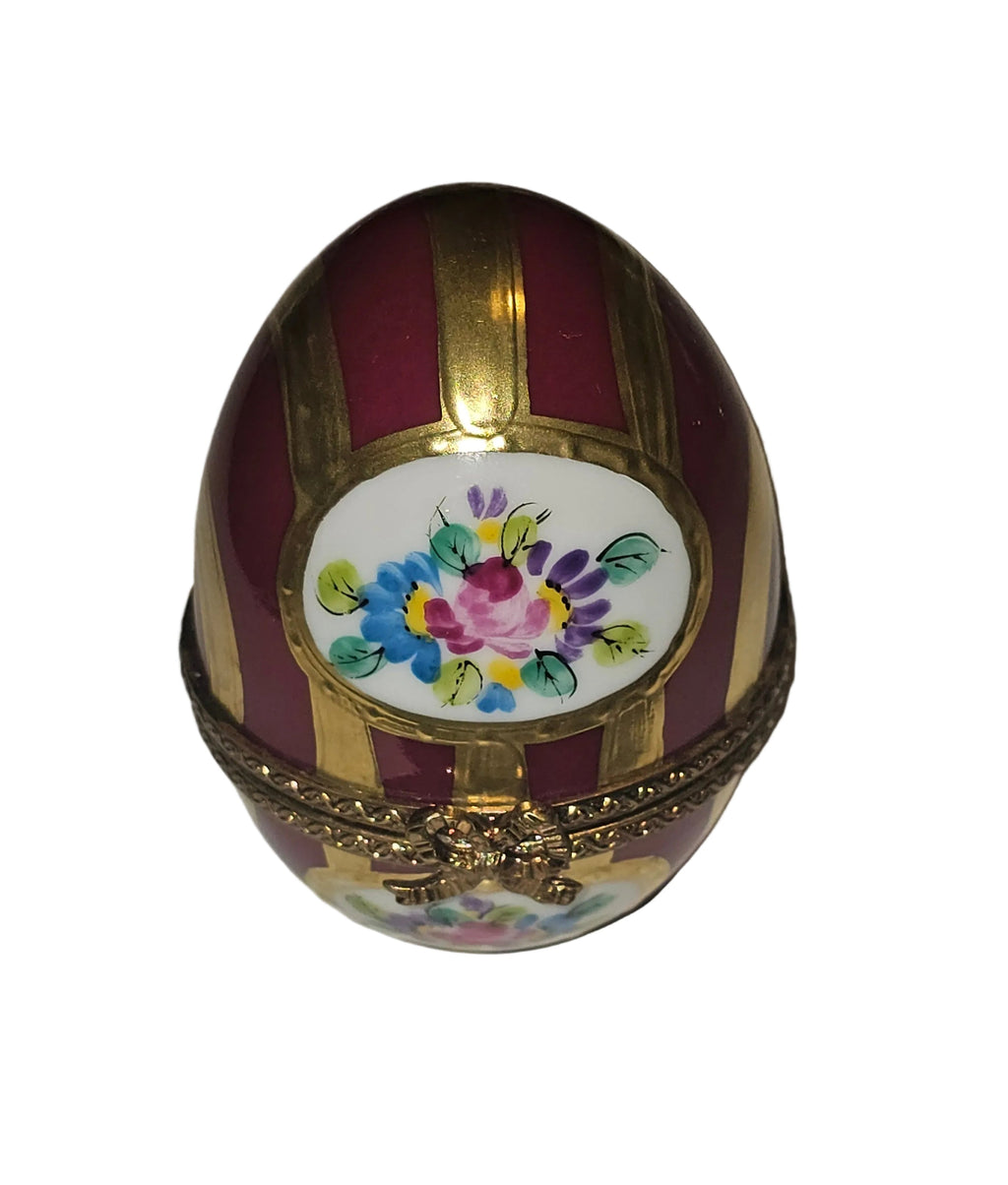 Maroon and Gold Striped Egg with Flowers Limoges Box, view 3
