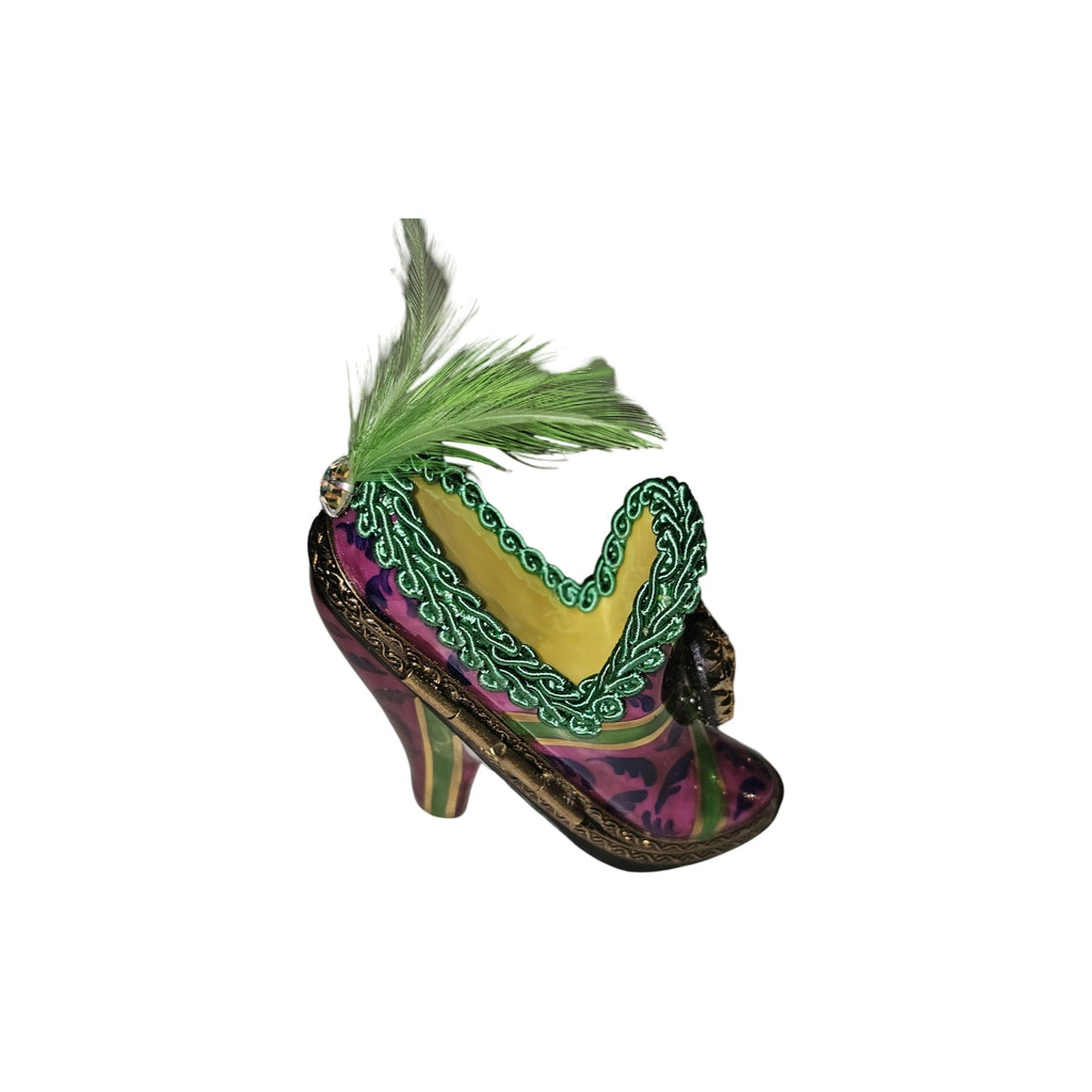 Pink Purple Shoe w Green Feather Limoges Box, view 4