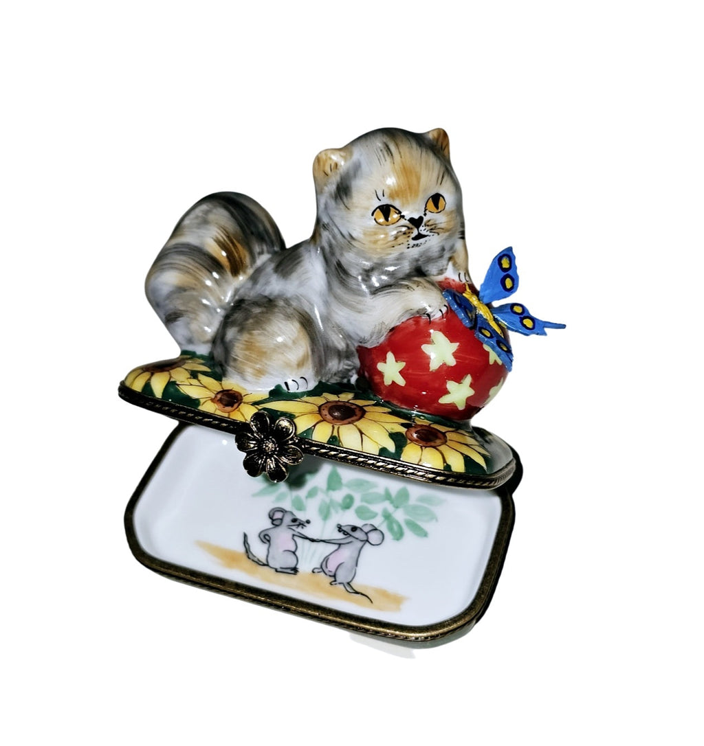 Cat W Ball and Butterfly Limoges Box, view 2