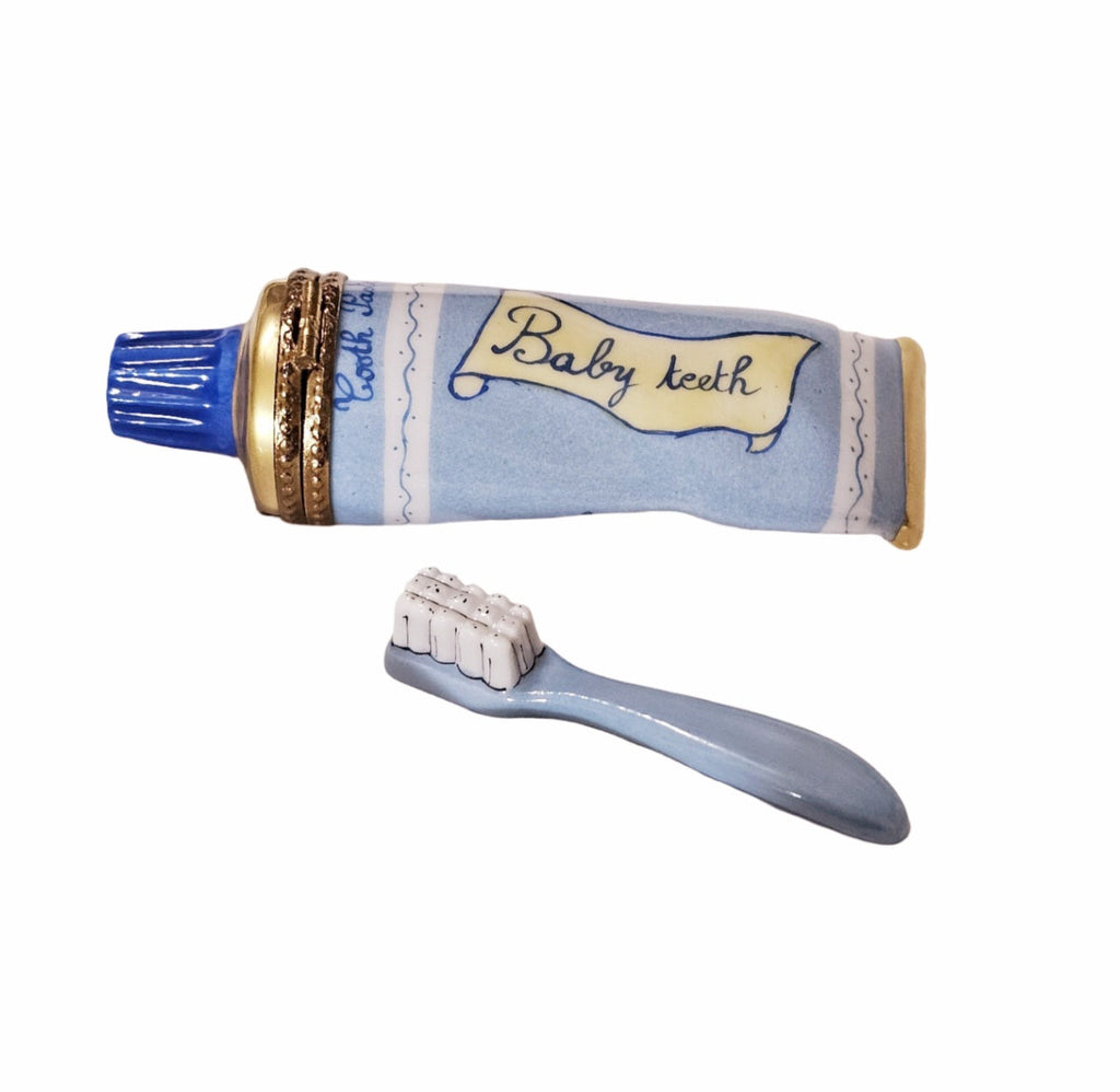 Blue Baby Toothpaste Limoges Box Keepsake, a hand-painted Limoges porcelain gift