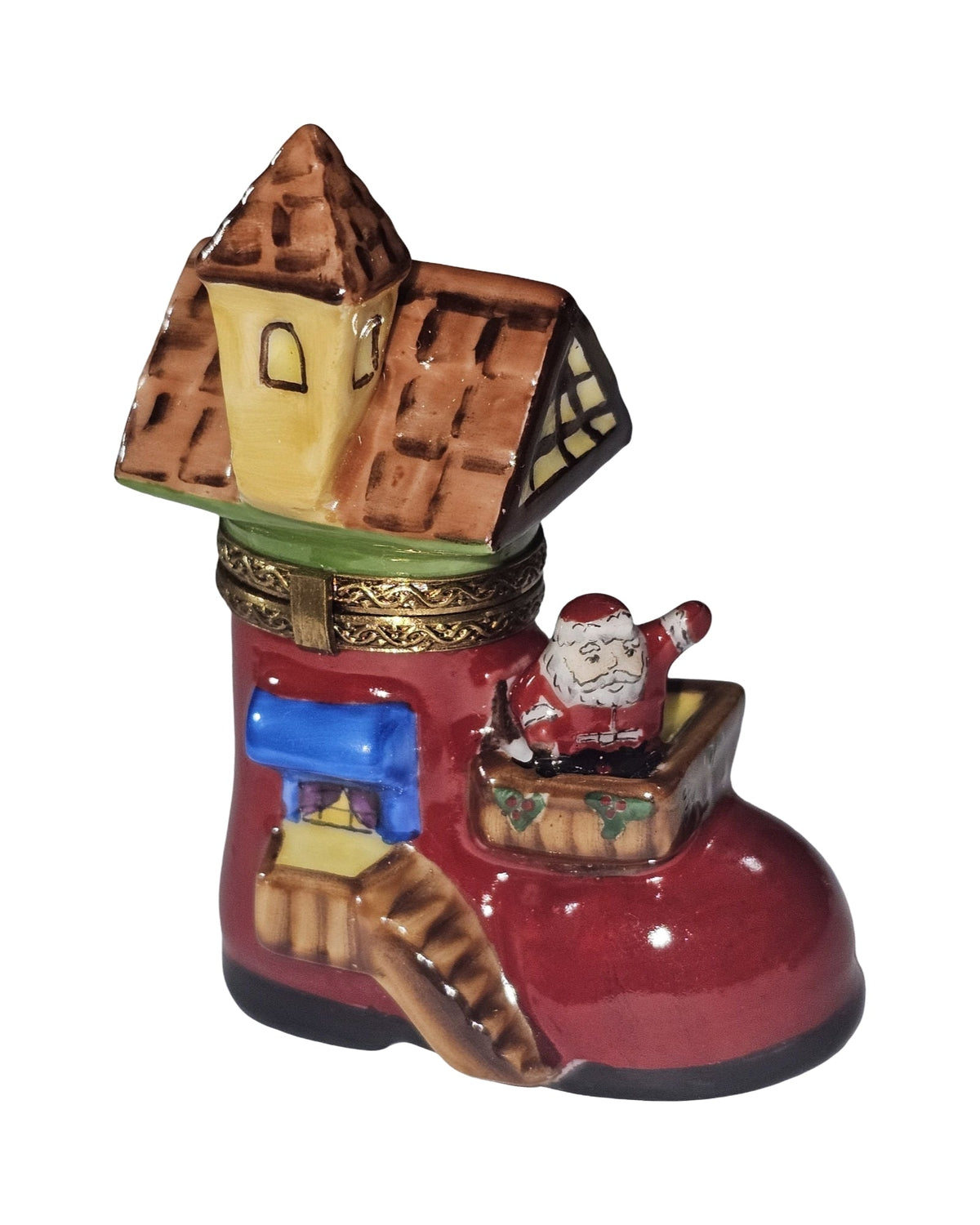 Santa's Workshop Boot Limoges Box, a hand-painted Limoges porcelain gift