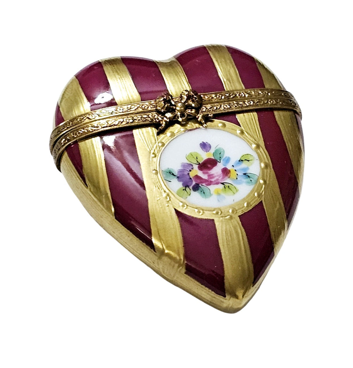 Burgundy and Gold Striped Heart with Flowers Limoges Box, a hand-painted Limoges porcelain gift