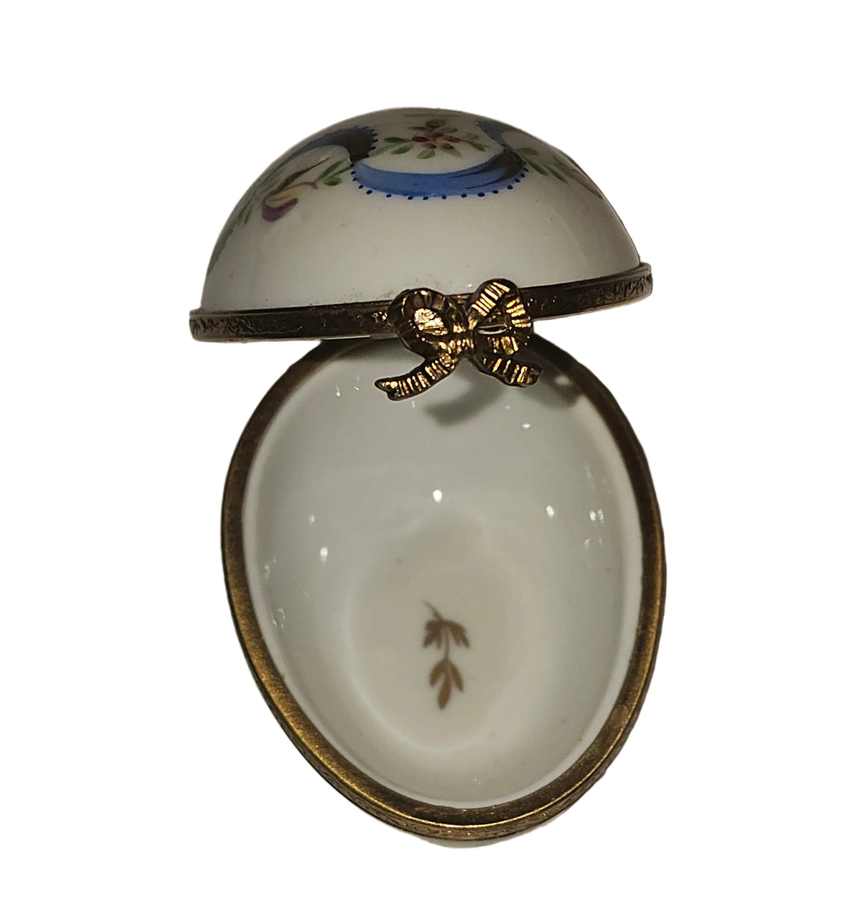 White Egg Blue Ribbon w Light Flowers Limoges Porcelain Box, view 2