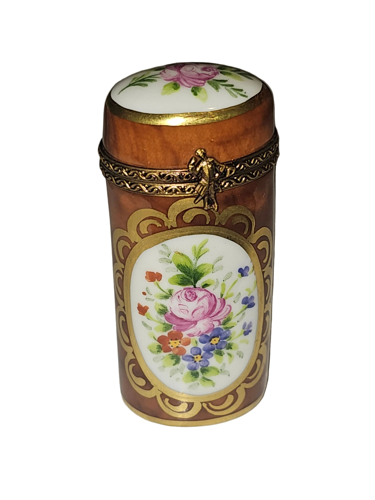 Brown Tall w Flowers Round Box for Home Decor Limoges, a hand-painted Limoges porcelain gift