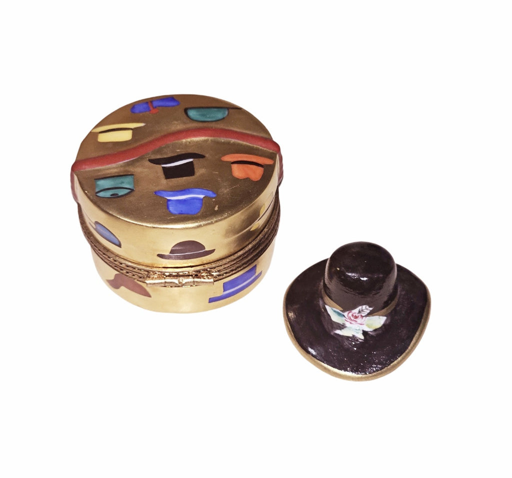 Gold Hat Box w/ Removable Black Hat, a hand-painted Limoges porcelain gift