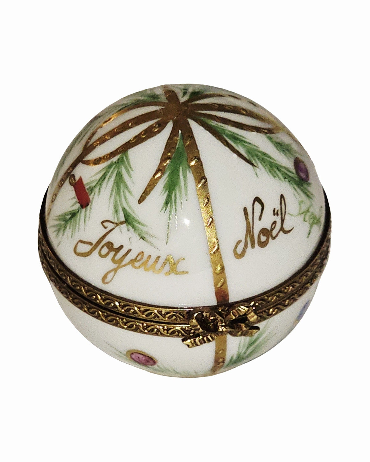 Small Joyeux Noel Round Ball Limoges Box, a hand-painted Limoges porcelain gift