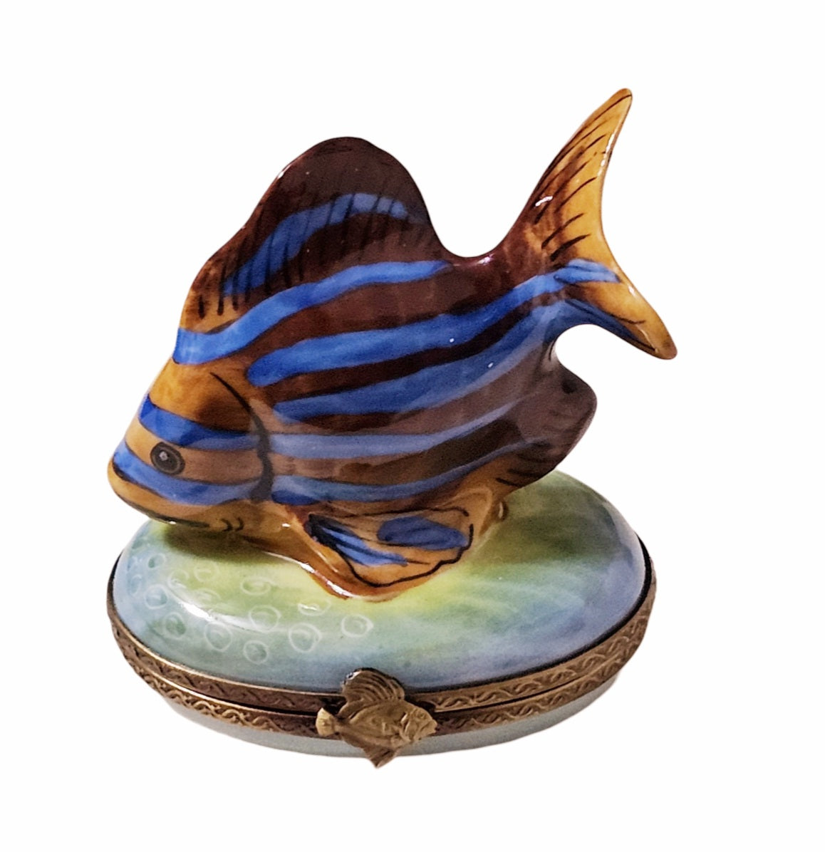 Brown Fish Blue Stripe Limoges Box, a hand-painted Limoges porcelain gift