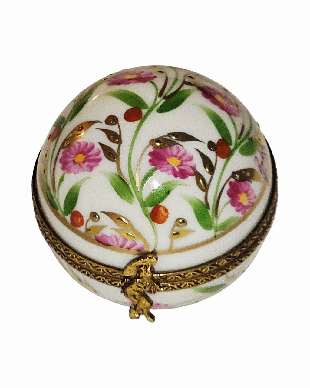 Pink Flowers on Vine Round Ball Limoges Porcelain Art Object, a hand-painted Limoges porcelain gift
