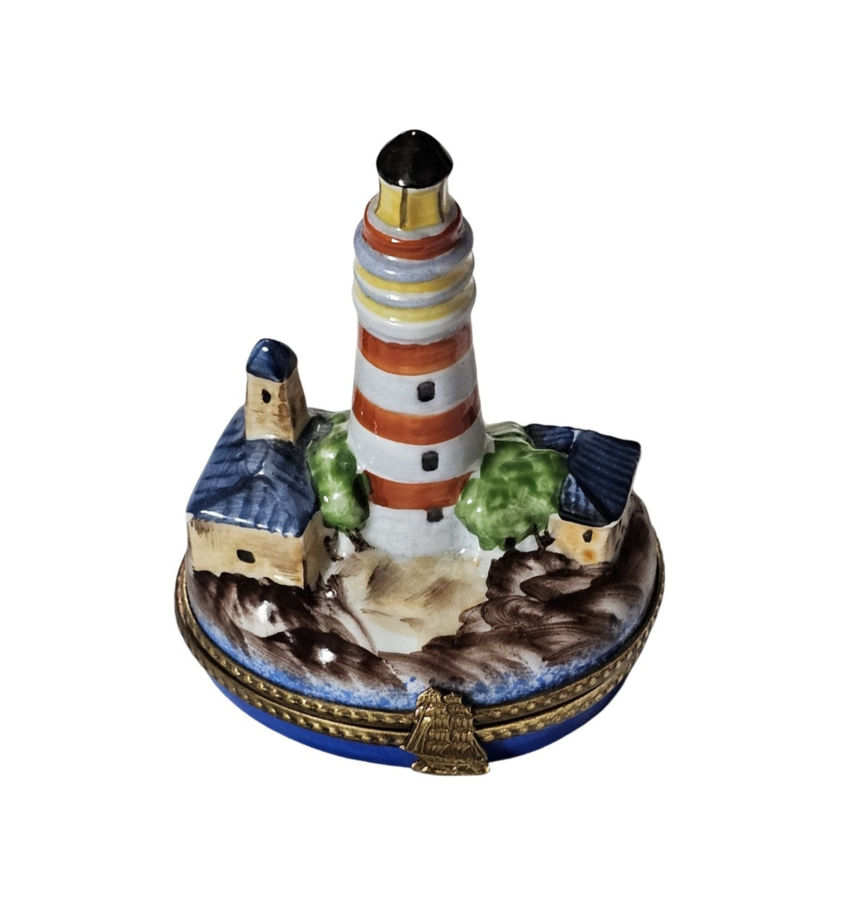 Lighthouse in Town Treasure Box, a hand-painted Limoges porcelain gift