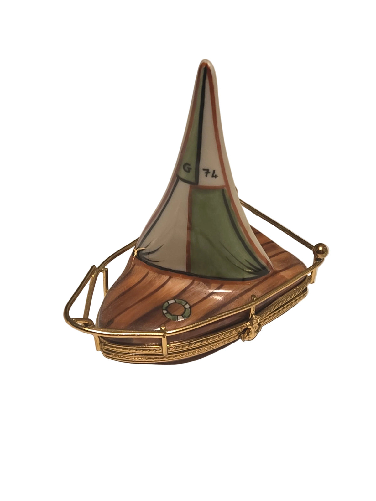 Brown Sailboat w Brass Limoges Box HandPainted Limoges Box, a hand-painted Limoges porcelain gift