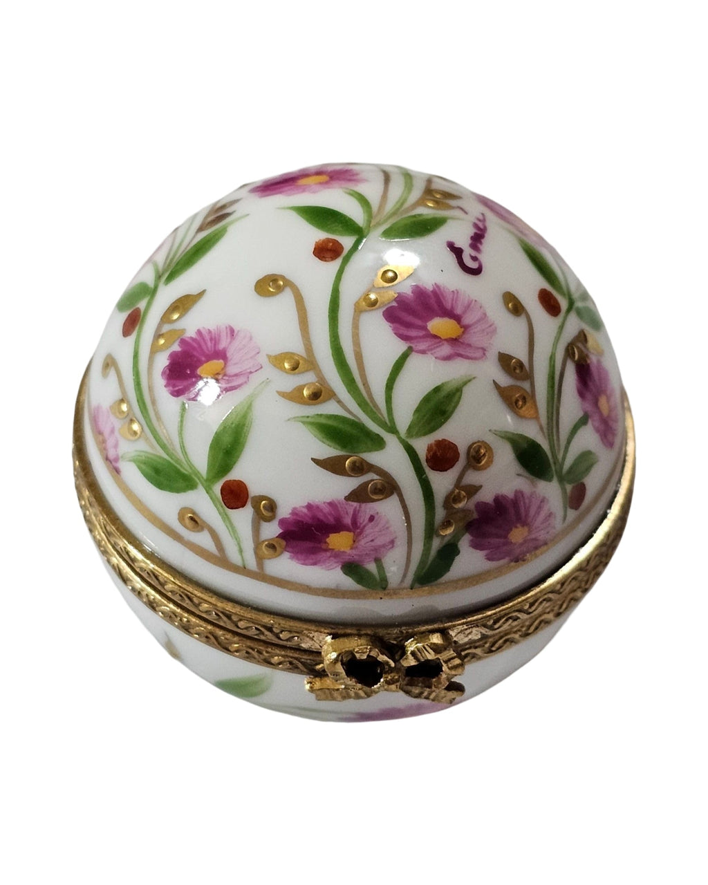 Pink Flowers on Vine Round Ball Limoges Porcelain Art Object, view 3