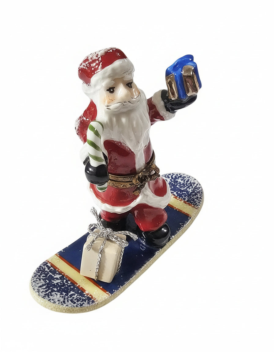 Santa on Snowboard, a hand-painted Limoges porcelain gift