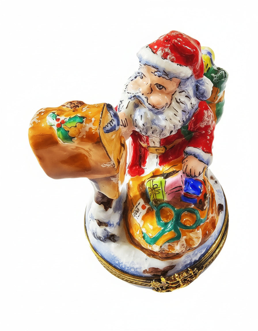 Santa with Gifts at Mailbox, a hand-painted Limoges porcelain gift