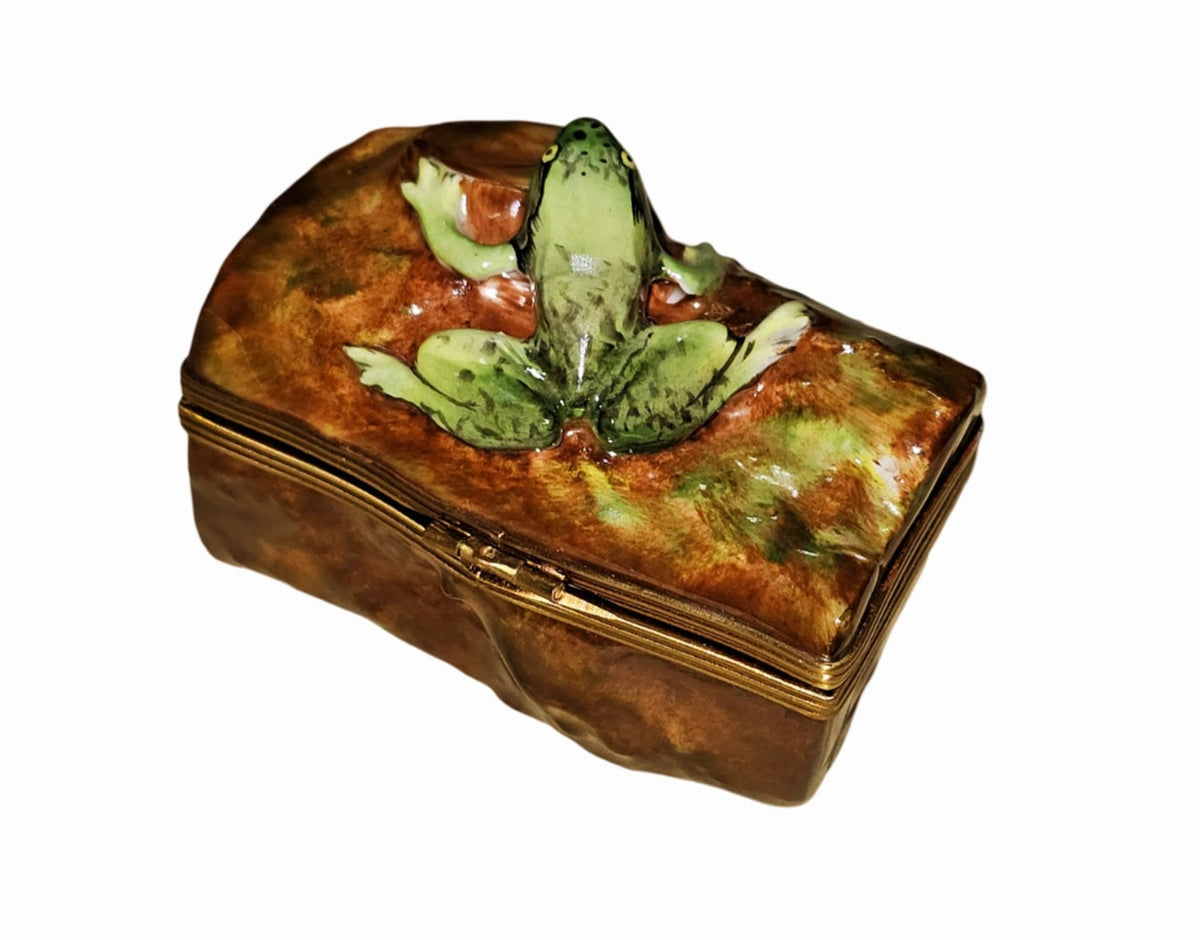Large Frog on a Log Limoges Box, a hand-painted Limoges porcelain gift