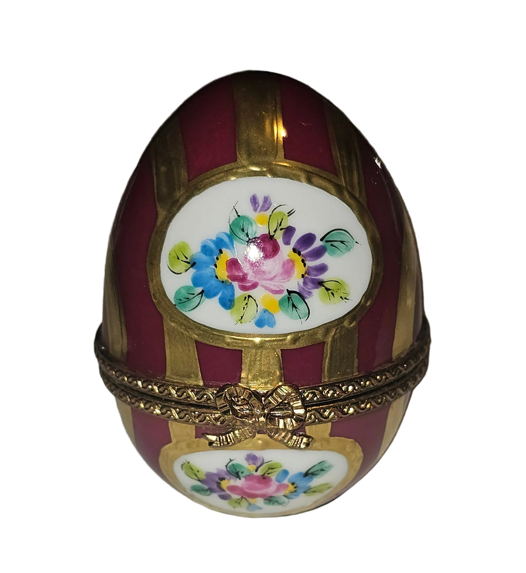 Maroon and Gold Striped Egg with Flowers Limoges Box, a hand-painted Limoges porcelain gift
