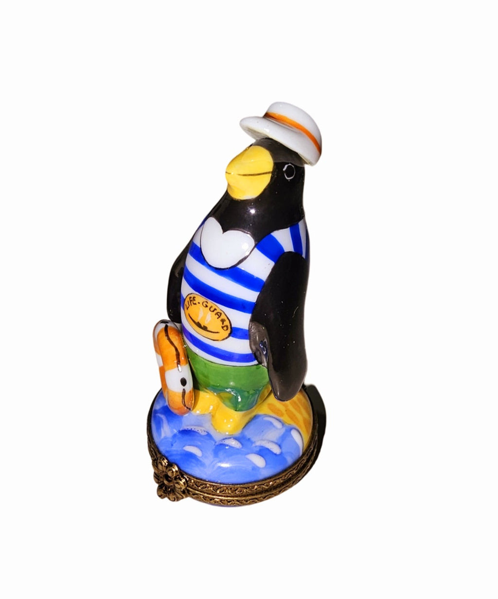 Penguin Lifeguard Limoges Box Figurine, a hand-painted Limoges porcelain gift
