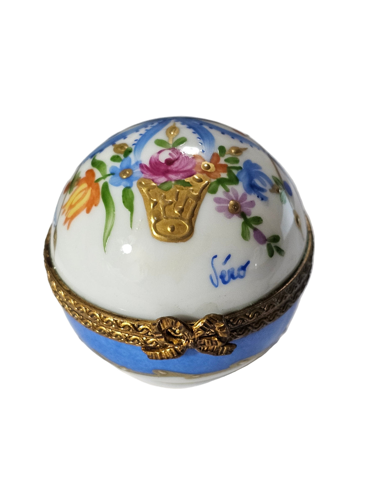 Mini Blue Round Ribbons Flowers Limoges Porcelain Art Object, a hand-painted Limoges porcelain gift