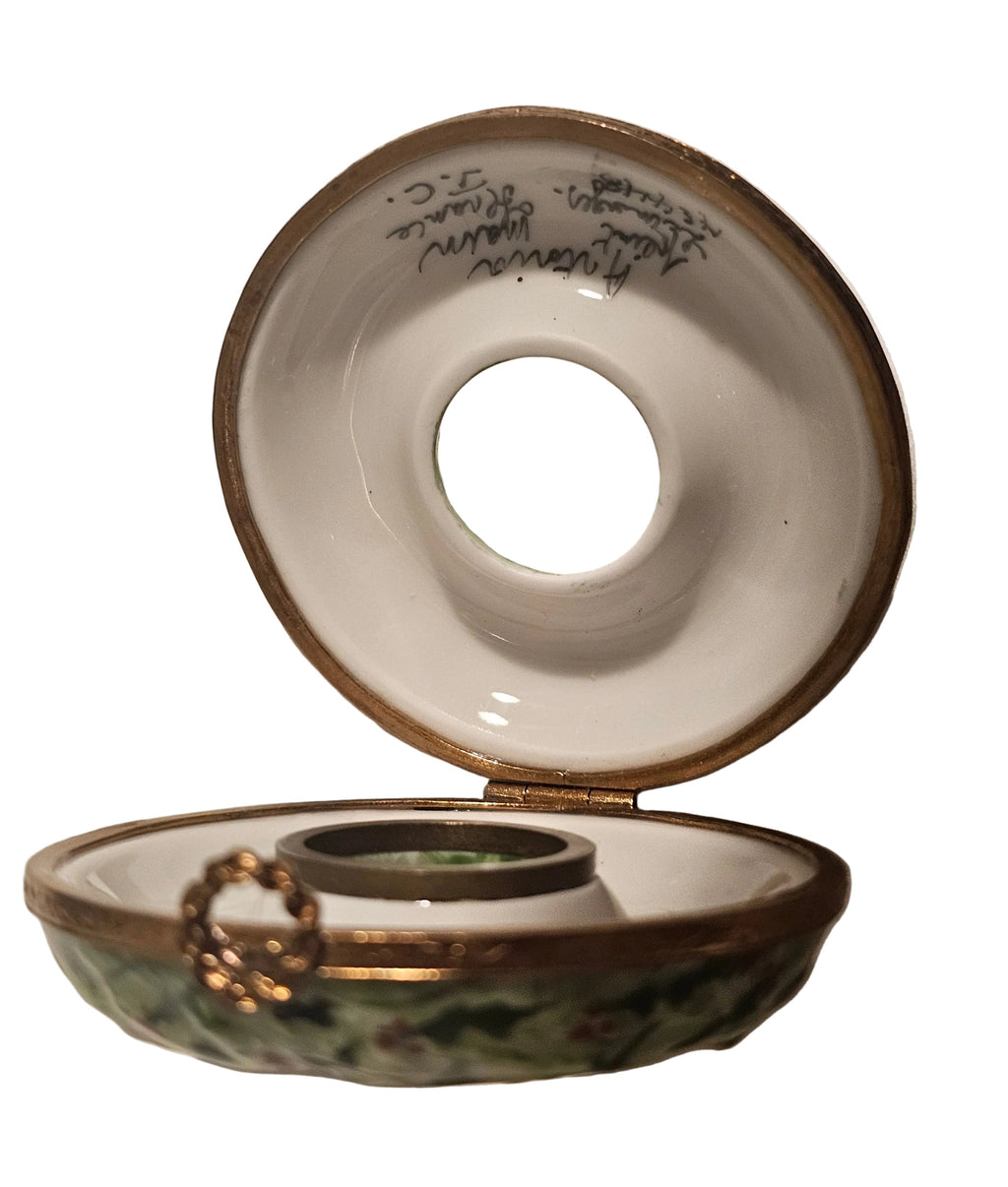 Painted details on the Holiday Pine Wreath Limoges box, French art in miniature