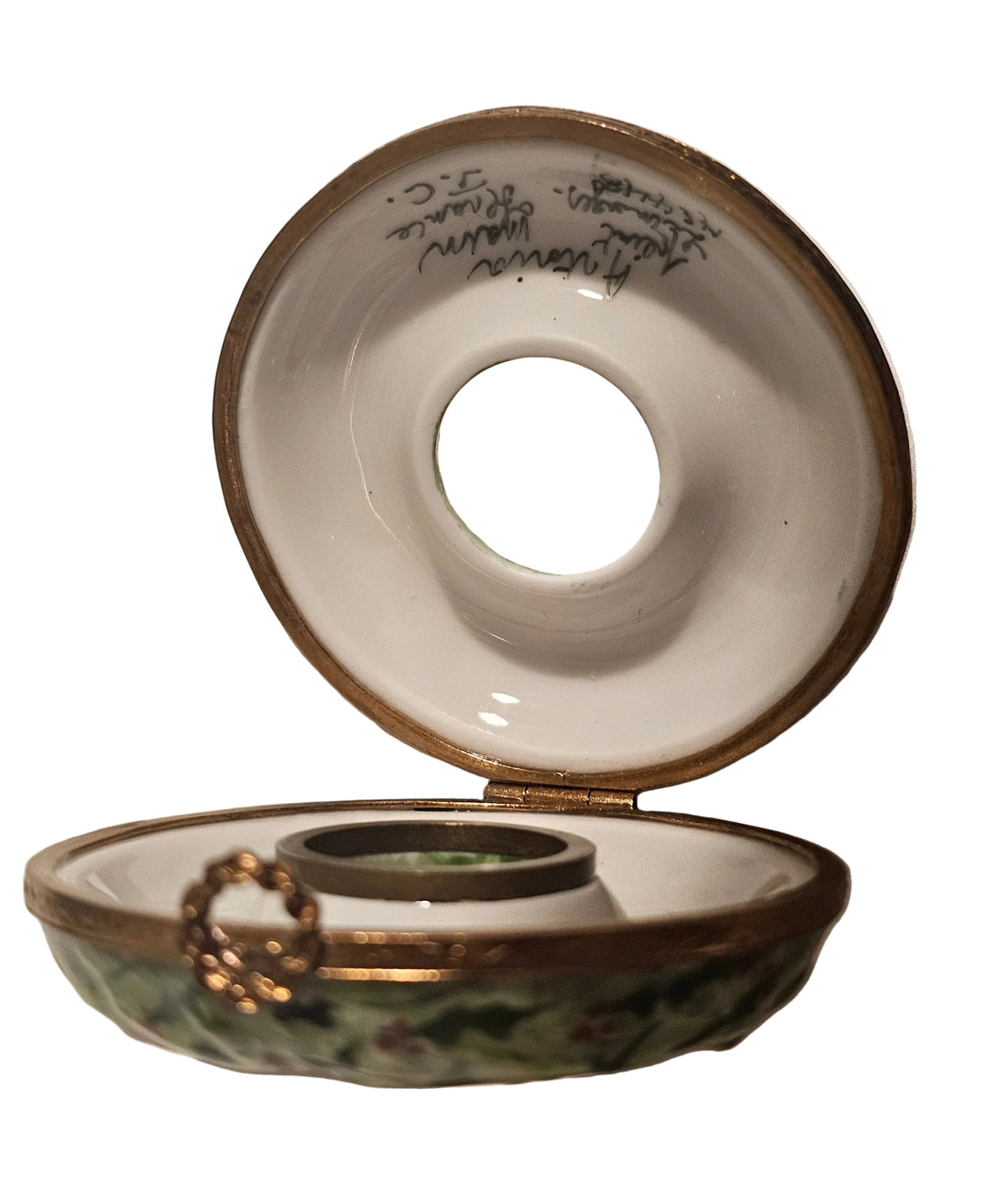 Painted details on the Holiday Pine Wreath Limoges box, French art in miniature